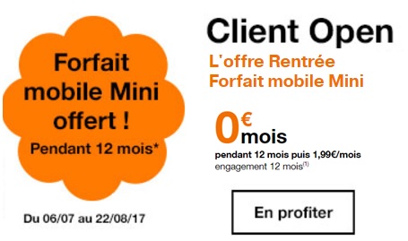 Orange propose un forfait Mini à 0 euro pour la rentrée (offre réservée aux clients Open)