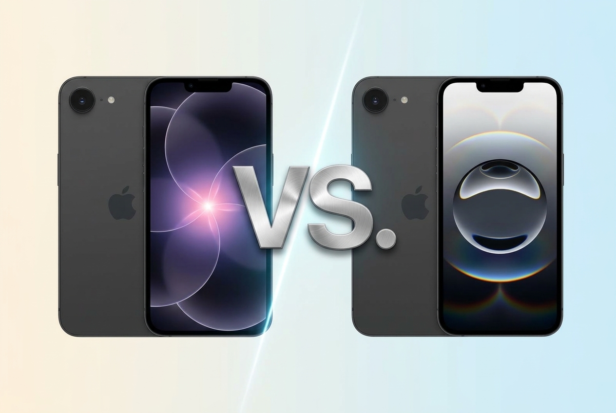 Comparaison de deux smartphones Apple sur fond gris uni avec un texte VS minimaliste au centre.