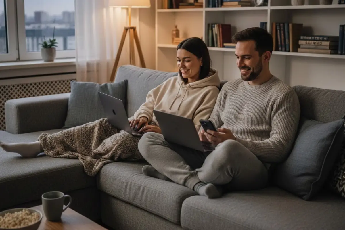 couple dans leur salon sur leur pc