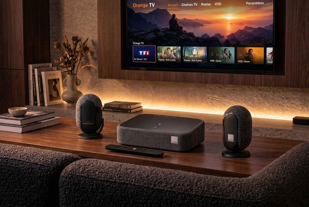 Décodeur TV Orange avec deux enceintes et une télécommande sur un meuble en bois devant un écran de télévision.