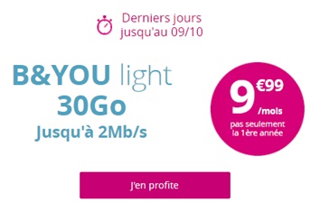 La Série Spéciale B&YOU Light 30Go à 9.99 euros chez Bouygues Telecom touche à sa fin ce soir 