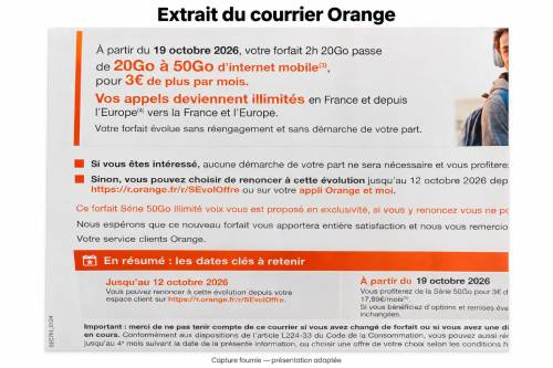 Extrait du courrier Orange annonçant le passage de 20 à 50 Go pour 3 euros supplémentaires par mois