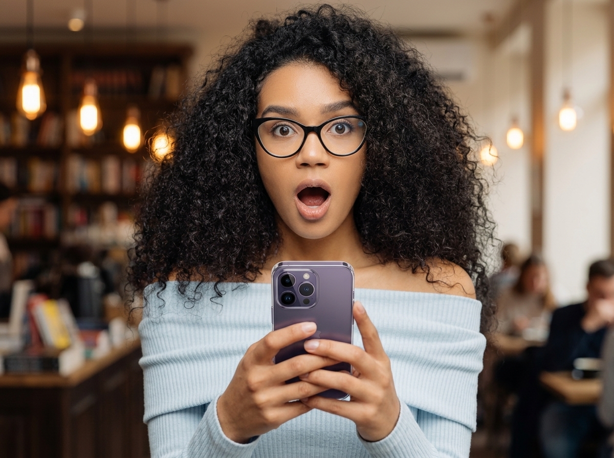 Femme aux cheveux bouclés portant des lunettes et tenant un iPhone 14 Pro devant un fond de bureau.