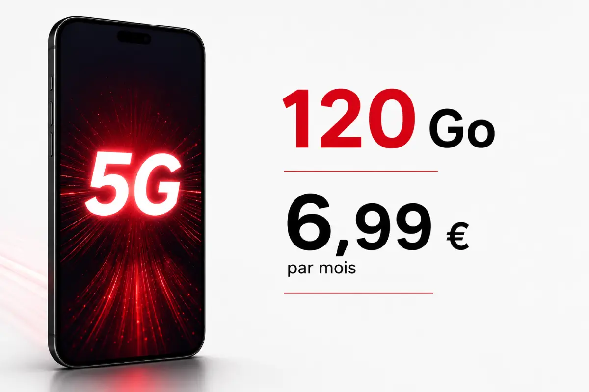 Forfait mobile 120 Go en 5G à 6,99 euros par mois sans engagement sur le réseau SFR avec ajustement automatique du tarif