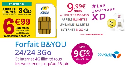 Forfait illimité 3Go à moins de 10€ chez Bouygues Telecom, La Poste Mobile ou Virgin Mobile !