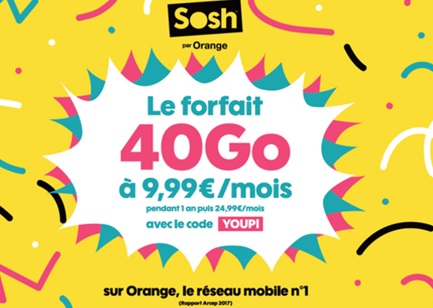 Nouvelle promo SOSH : le forfait 40Go à 9.99 euros par mois avec le code YOUPI