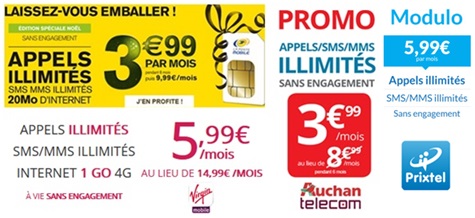 Forfait illimité à moins de 6€ chez La Poste Mobile, Prixtel, Virgin Mobile et Auchan Telecom !