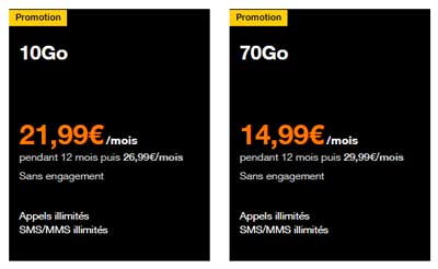 Forfaits orange 10Go et 70Go