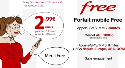 Vente privée : le forfait Free illimité en promo à 2.99 euros prolongé jusqu'au 31 mars 06h