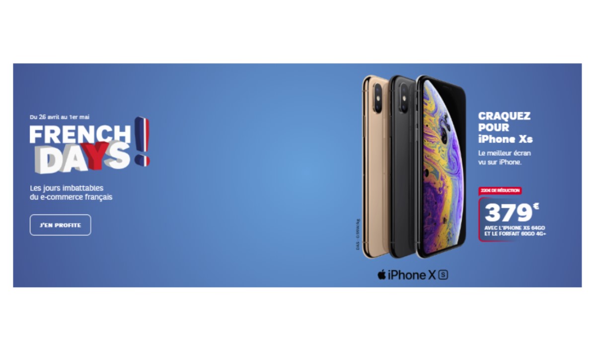 French Days SFR : l’iPhone Xs à partir de 379 euros avec un forfait mobile 60 Go 4G+ à partir de 20 euros