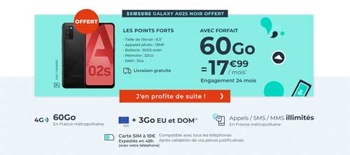 Samsung Galaxy A02s offert avec un forfait 60Go Cdiscount