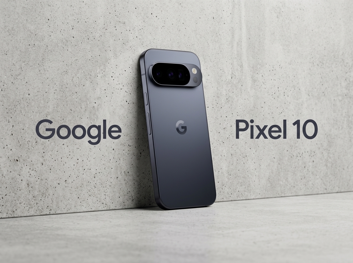 Smartphone Google Pixel 10 posé contre un mur en béton.