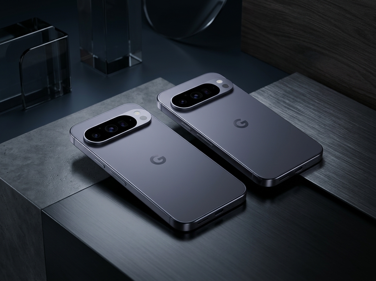 Deux smartphones Google Pixel posés sur une surface sombre avec un bloc optique arrière proéminent.