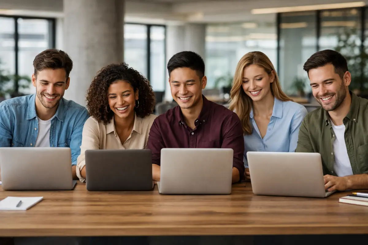groupe de personnes contents utilisant leur pc