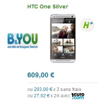 Le HTC One Silver 4G disponible avec un forfait mobile B&You 