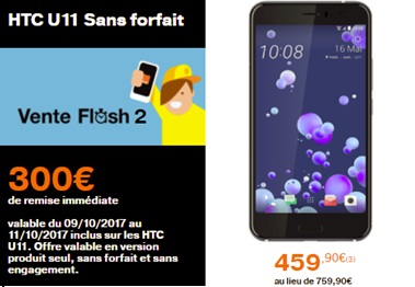 Bonne affaire : le HTC U11 à 459 euros chez Orange ou SOSH (durée limitée)