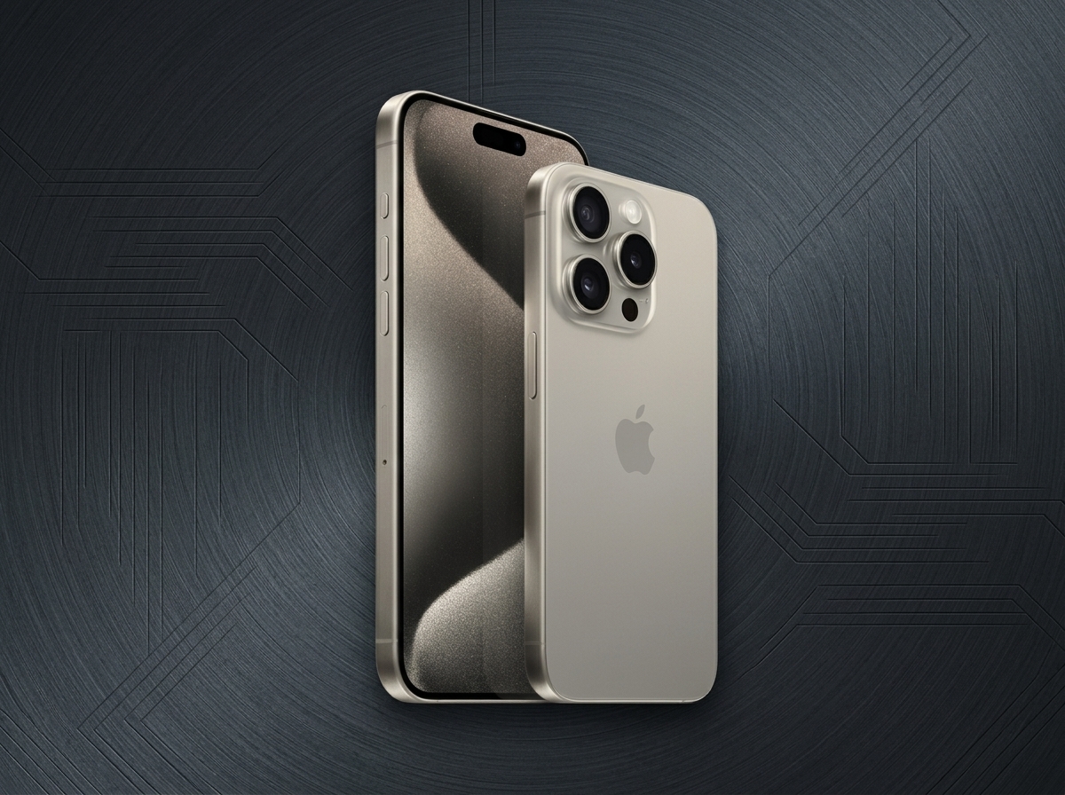 Deux smartphones iPhone 15 Pro sur un fond gris avec des motifs de circuits imprimés.