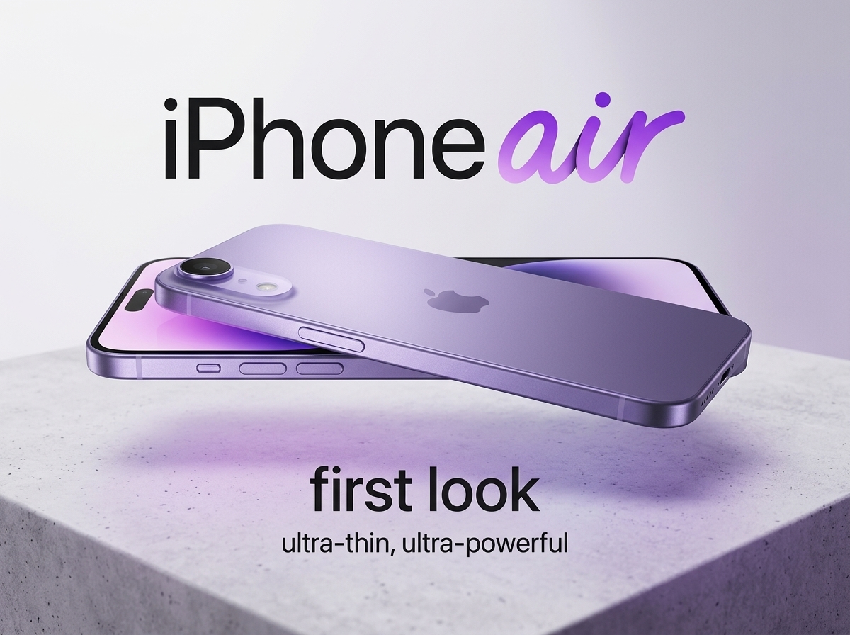 Deux smartphones iPhone Air violets superposés sur un socle en béton.