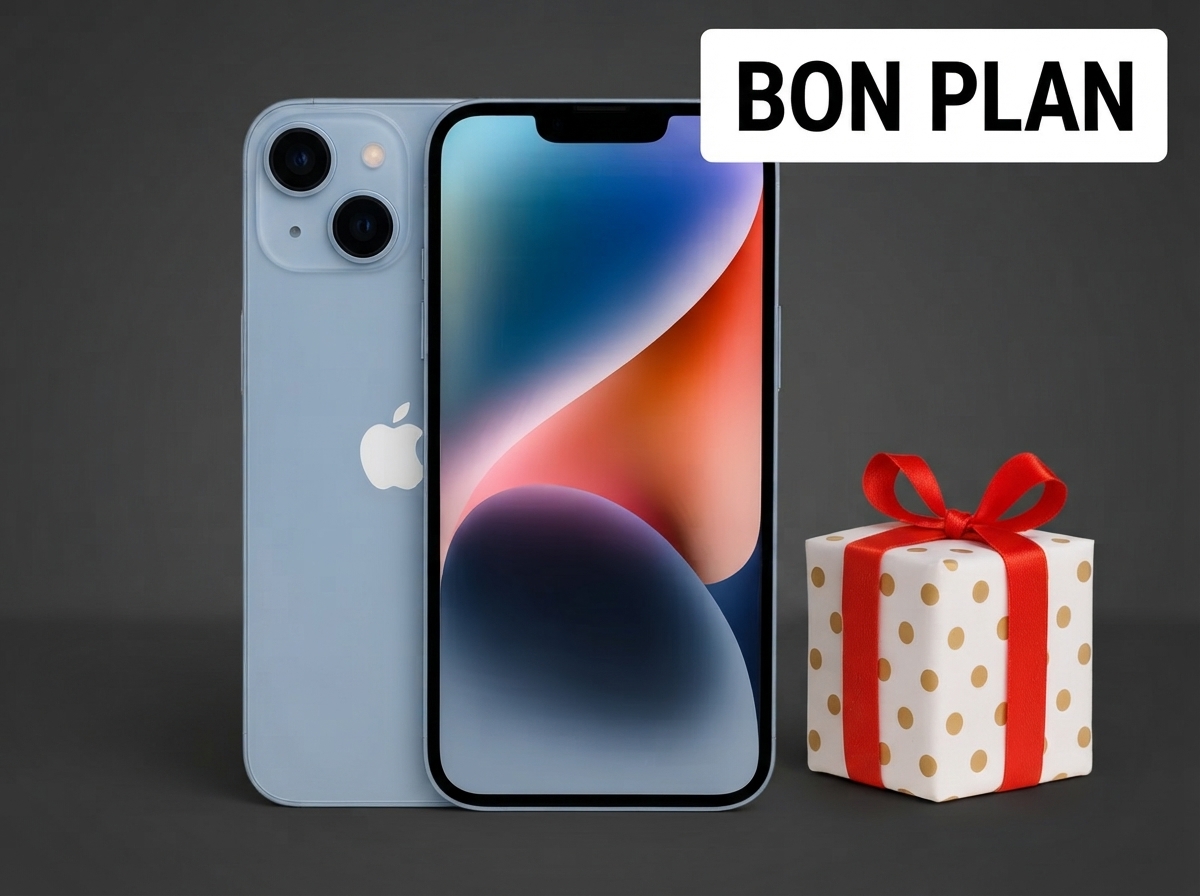 iPhone bleu avec un petit cadeau à côté et l'inscription Bon Plan sur fond gris.