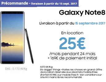 Le Samsung Galaxy Note 8 est disponible en location chez Free Mobile à 169 euros à la commande