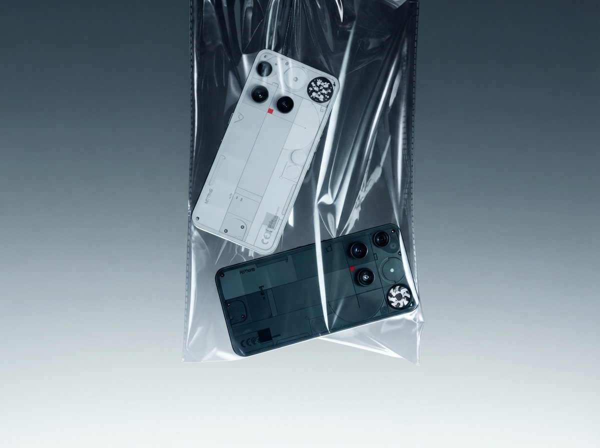 Deux smartphones Nothing Phone (2) blanc et gris dans un sachet plastique transparent sur fond gris dégradé.
