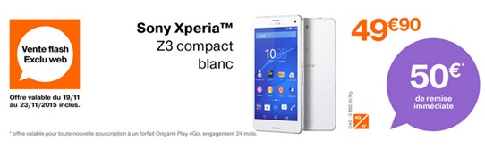 Vente Flash : Le Sony Xperia Z3 Compact en promo avec un forfait Orange !