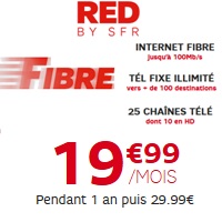 RED By SFR : Internet Fibre +Téléphonie illimitée + TV  en promo à 19.99€ pendant 12 mois !