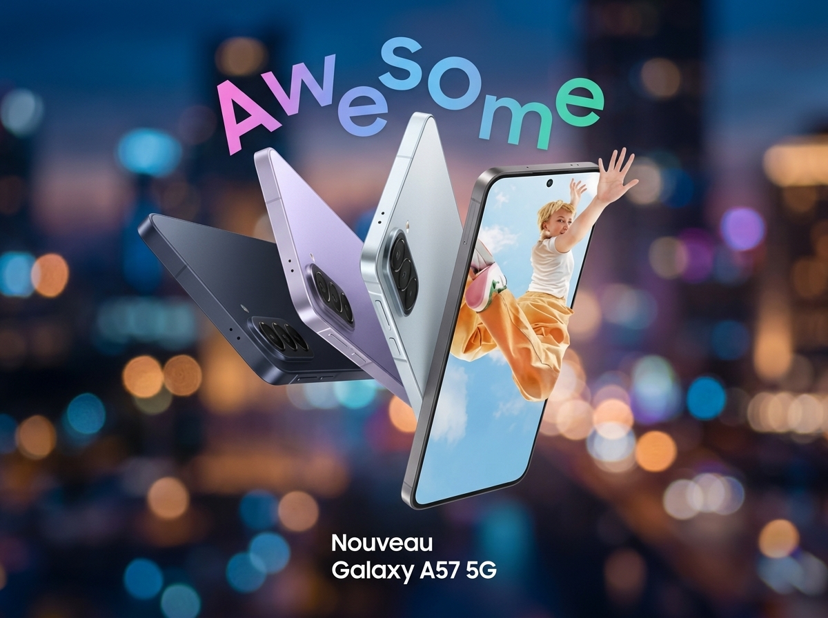 Trois smartphones Samsung Galaxy A57 5G de couleurs différentes sur un fond flou de ville nocturne.