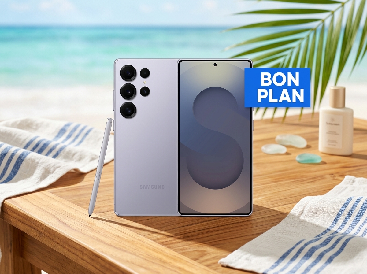 Smartphone Samsung avec stylet sur une table en bois devant une plage, avec un encart bleu mentionnant Bon Plan.