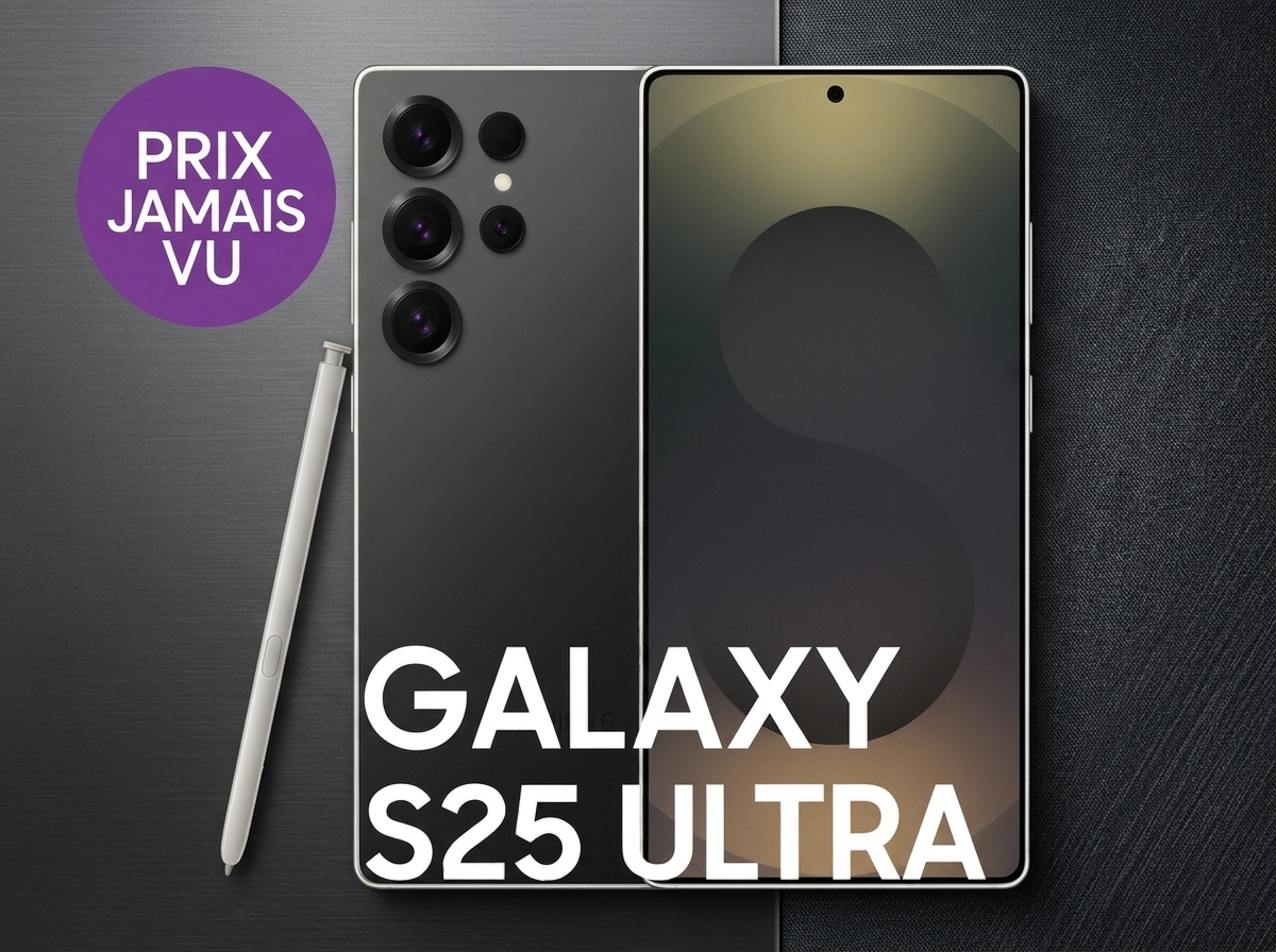 Smartphone Samsung Galaxy S25 Ultra avec stylet et mention Prix jamais vu sur fond gris.