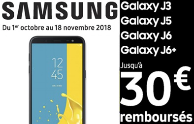 TOP PROMO : 30€ remboursés sur les Samsung Galaxy J3, J5, J6 et J6+ ! 
