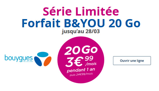 La Série Limitée Bouygues Telecom 20Go à 3,99 euros expire à minuit