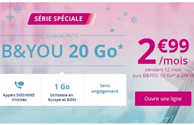 Bonne nouvelle ! Une Série Spéciale B&YOU 20Go à 2.99 euros chez Bouygues Telecom pour Noël