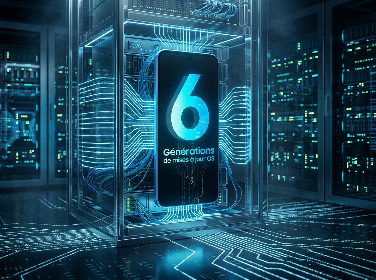 Un smartphone affichant le chiffre 6 dans un centre de données, éclairage bleu, style infographie numérique.