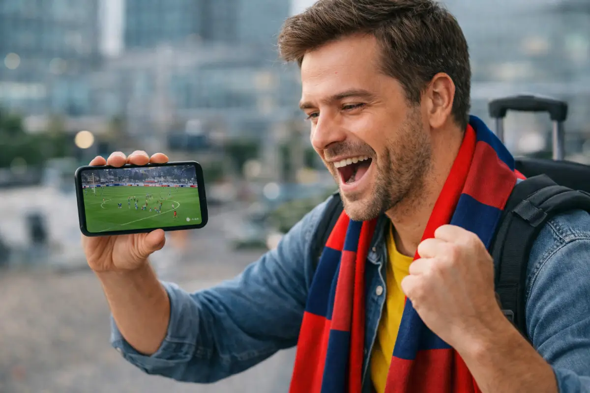 supporter de foot en voyage etranegr avec son smartphone
