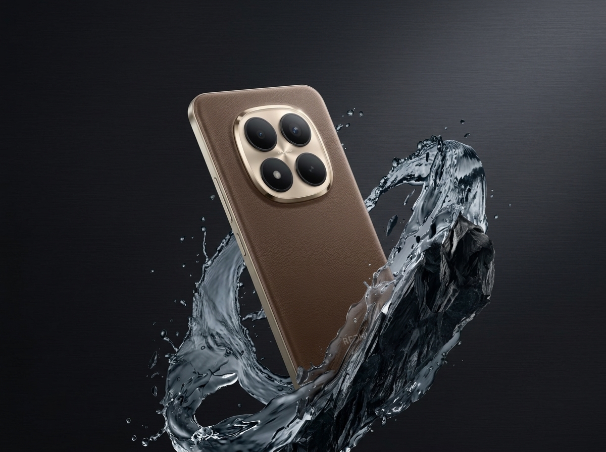 Smartphone Redmi avec dos en cuir marron et bloc photo circulaire, entouré d'éclaboussures d'eau sur fond noir.