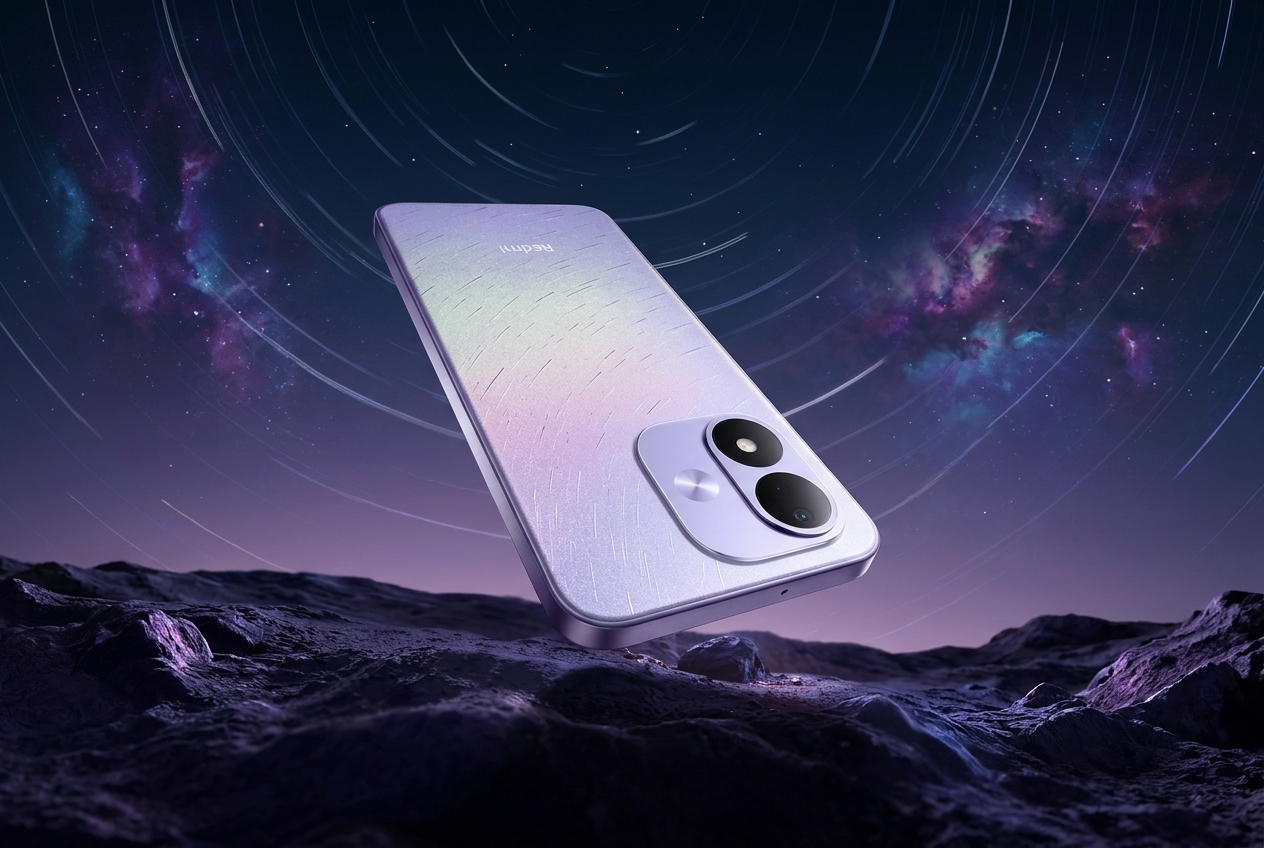 Smartphone Redmi violet flottant au-dessus d'un sol rocheux sous un ciel étoilé.