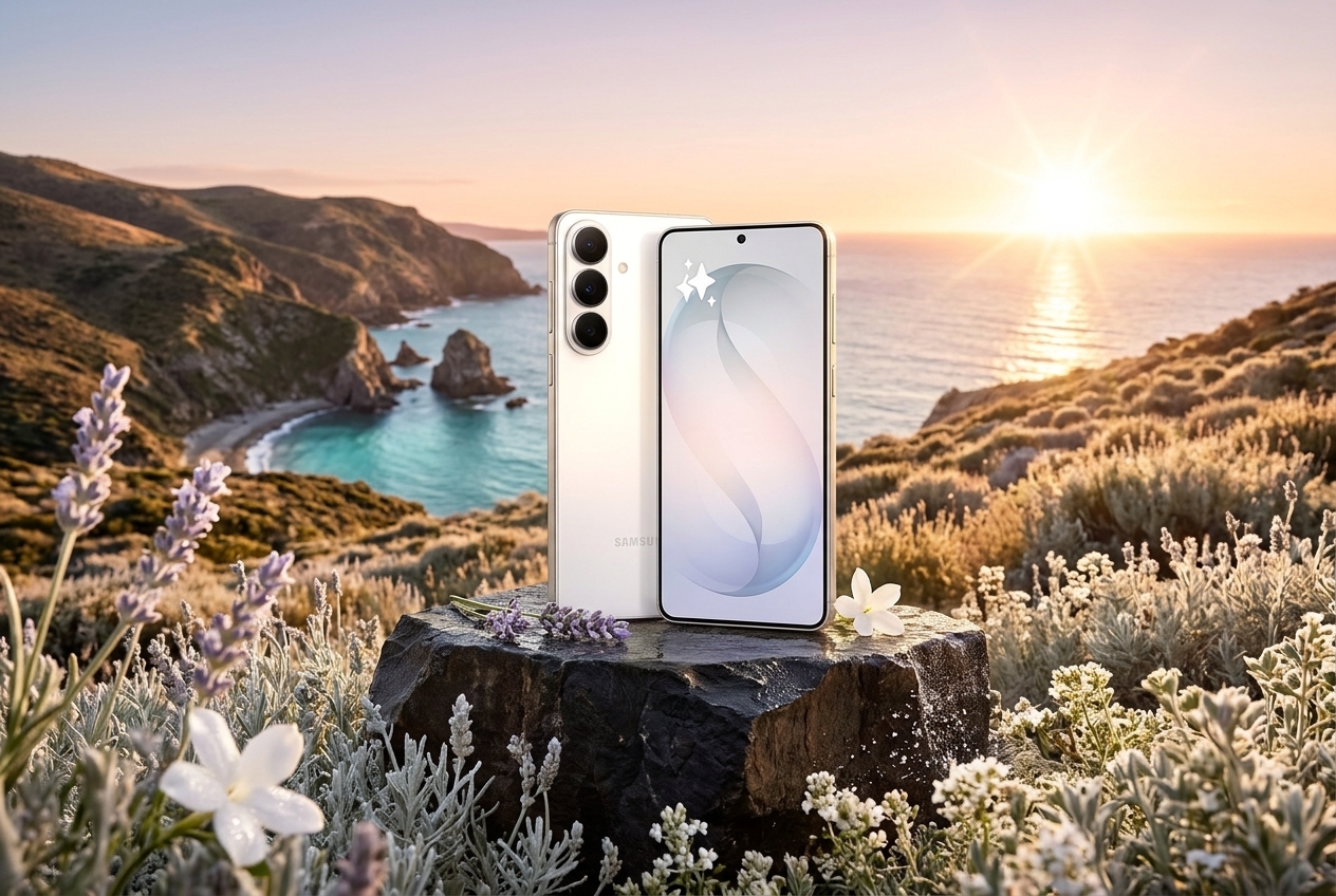 Smartphone Samsung posé sur un rocher au milieu d'un champ de fleurs face à la mer au coucher du soleil.