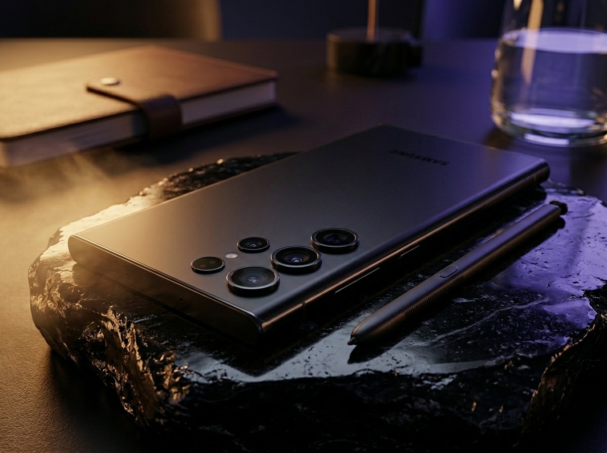 Un smartphone Samsung et son stylet posés sur une pierre, éclairage contrasté, style photographie publicitaire.