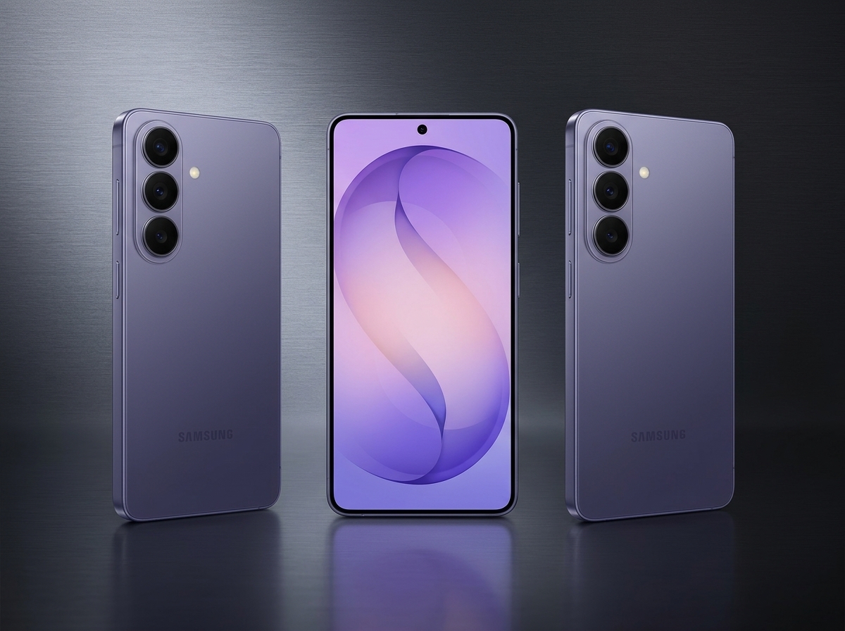 Trois vues d'un smartphone Samsung violet sur fond gris métallique.