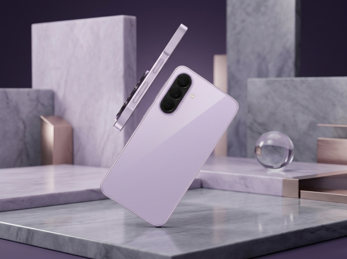 Smartphone violet en lévitation au-dessus de plateformes en marbre sur fond violet.