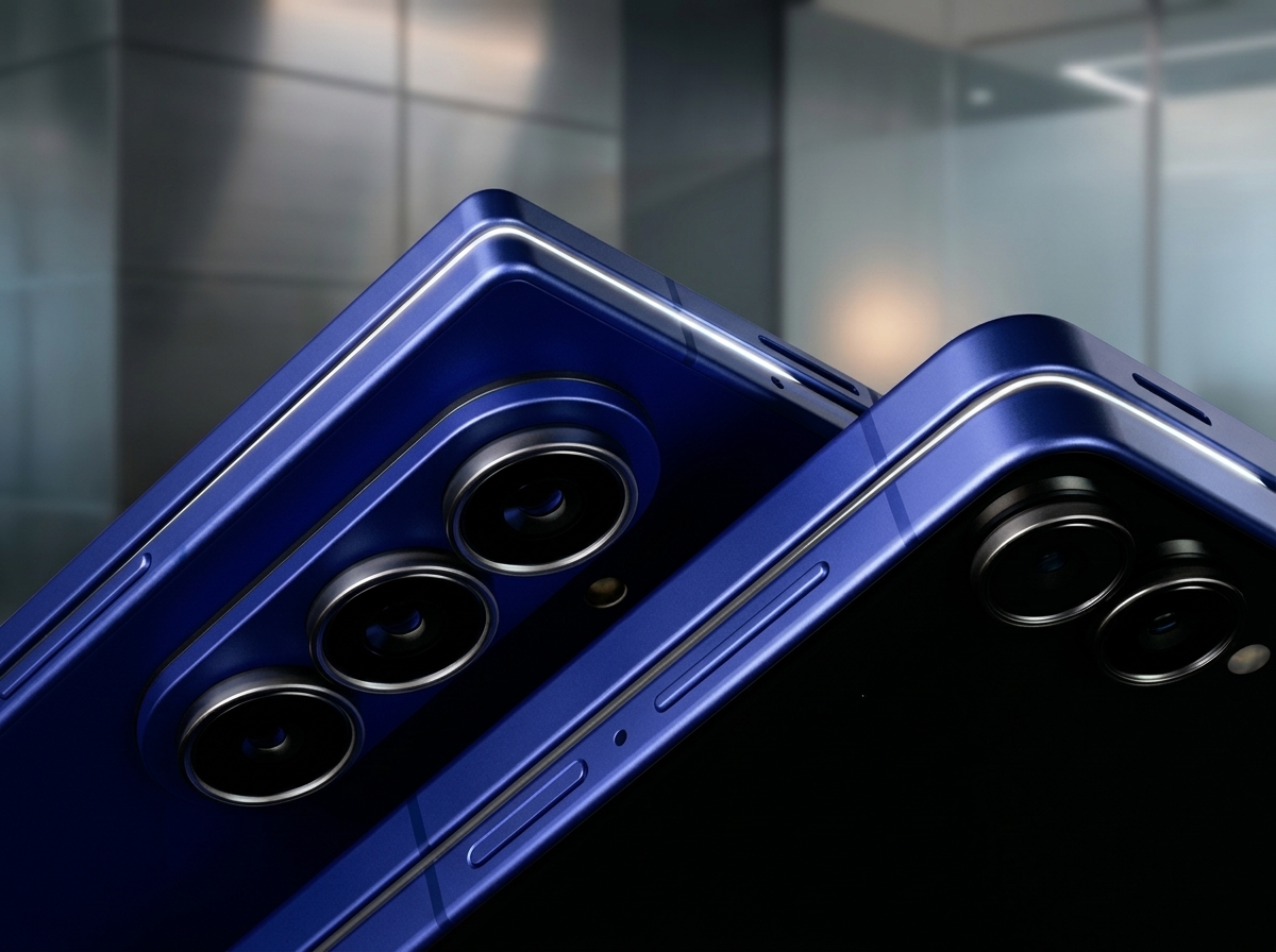 Deux smartphones bleus avec triple capteur photo arrière, présentés en gros plan sur un fond neutre.