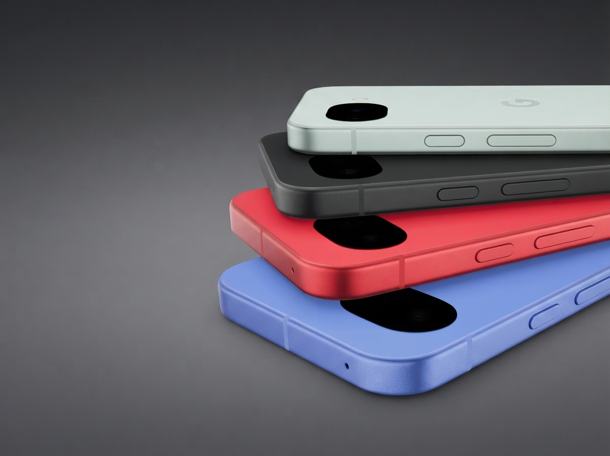 Quatre smartphones Google Pixel empilés sur un fond gris.