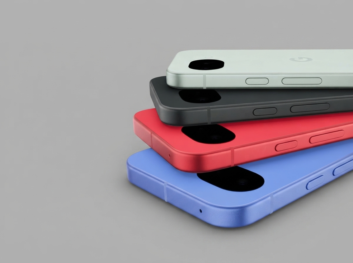 Quatre smartphones Google Pixel empilés de couleurs différentes sur un fond gris.