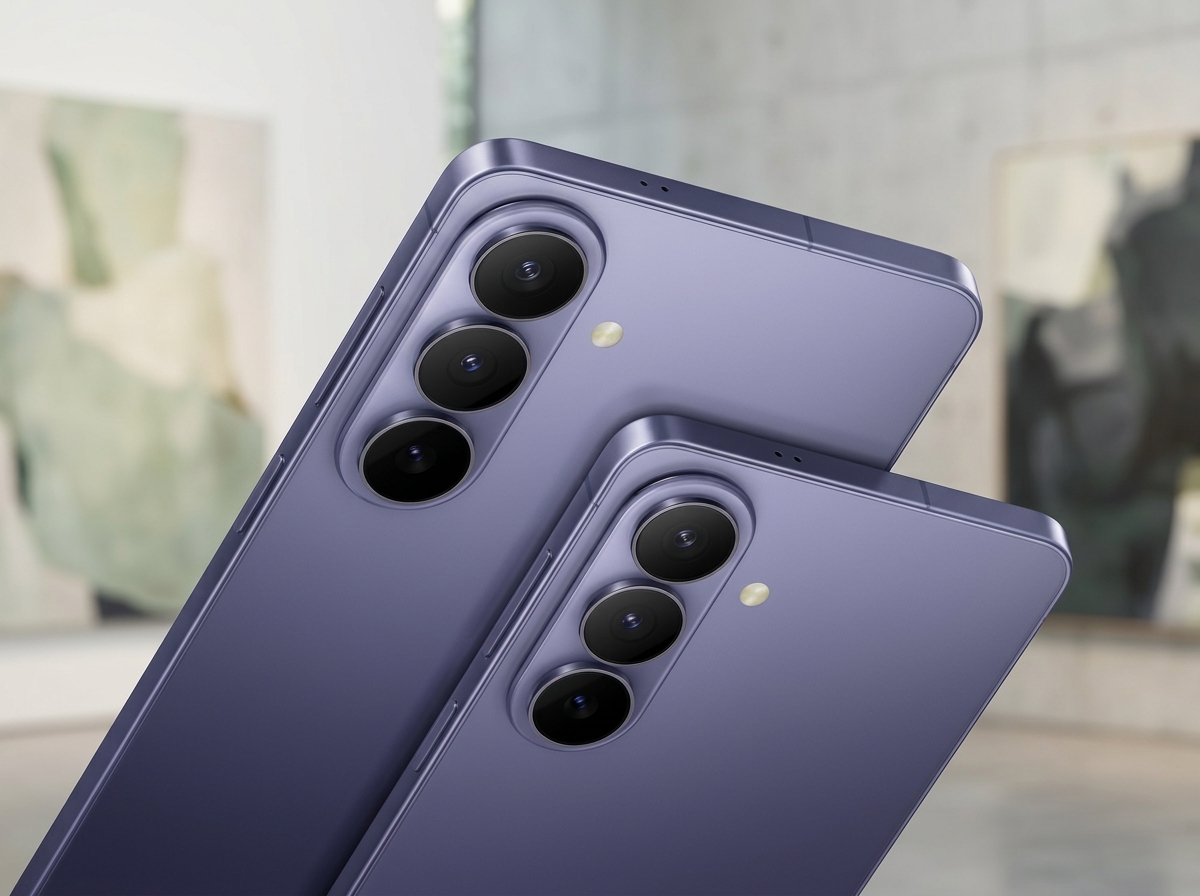 Deux smartphones violets avec triple capteur photo arrière sur fond neutre.