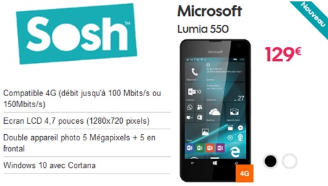 Microsoft Lumia 550 sous Windows 10 à 129€ chez Sosh ! 