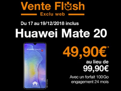 ????Vente flash : le Huawei Mate 20 à 49.90 euros avec un forfait Orange (dernières heures)