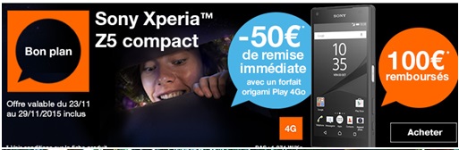 Vente flash Orange : Jusqu'à 150€ de remise pour l’achat du Sony Xperia Z5 Compact !
