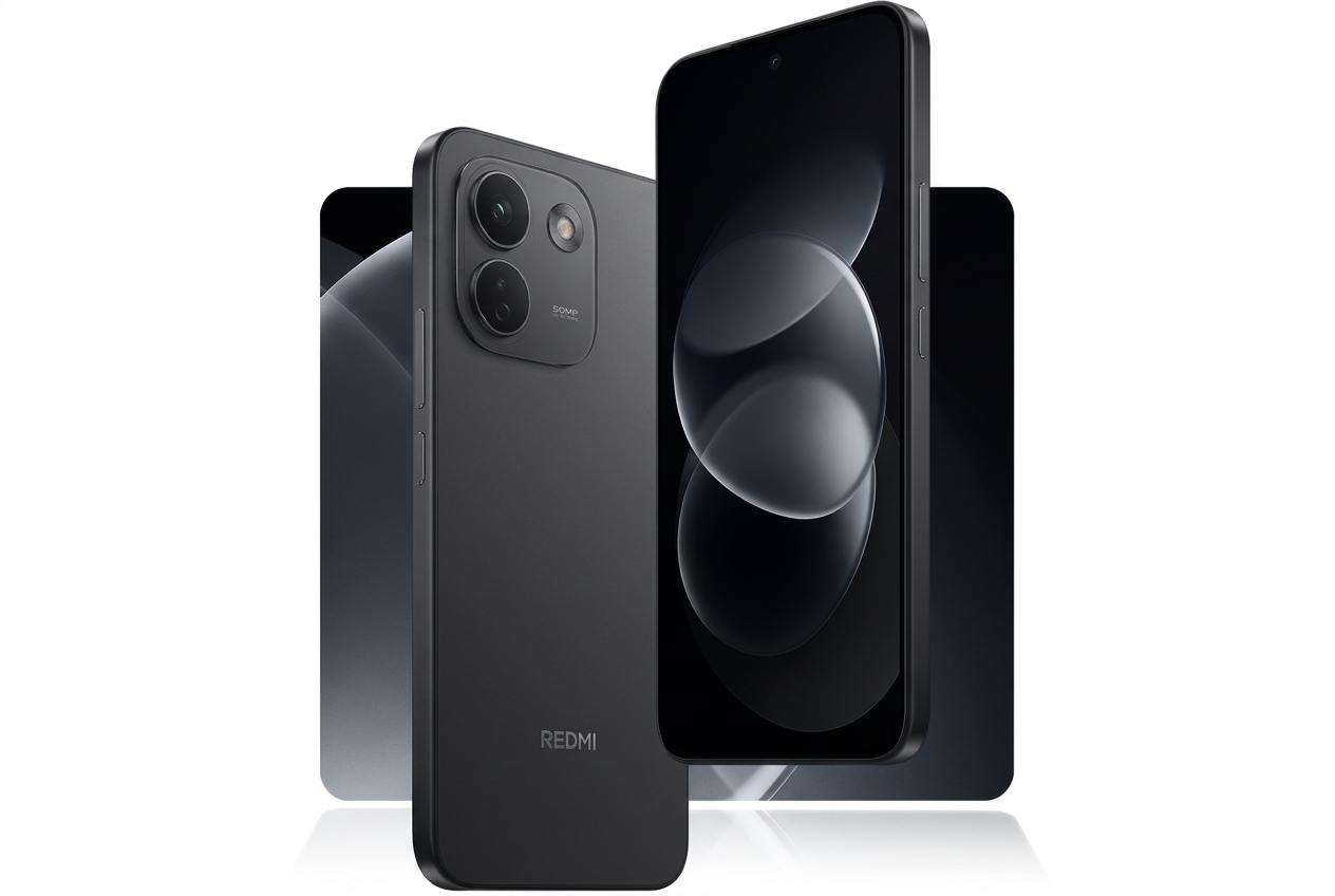 Smartphone Xiaomi Redmi noir vu de face et de dos avec un module photo à deux capteurs.